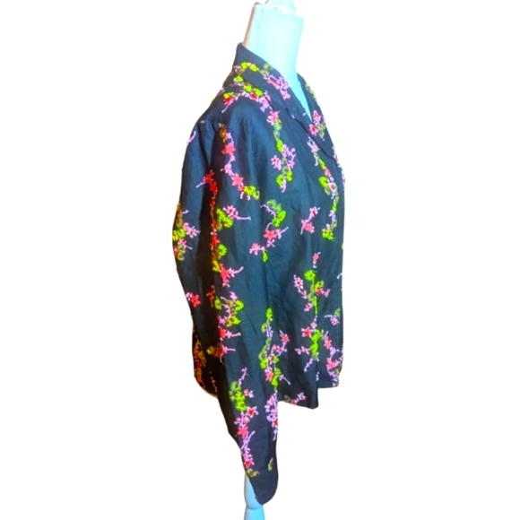 British Khaki Silk/ Linen Black Floral Beaded Snap Front Old Money Shirt Sz L - Picture 6 of 12